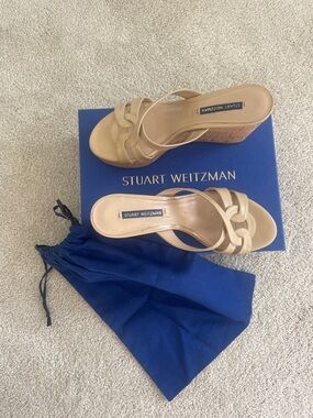 Stuart Weitzman Tan Braided Cork Wedge Sandals